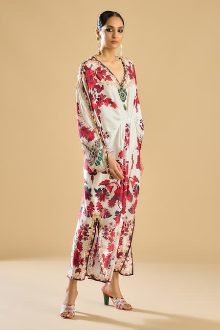 Buy_Rajdeep Ranawat_Ivory Silk Crystals, Mirrors, Pearls V-neck Fleur Print And Embellished Kaftan _Online_at_Aza_Fashions