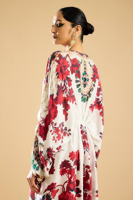 Shop_Rajdeep Ranawat_Ivory Silk Crystals, Mirrors, Pearls V-neck Fleur Print And Embellished Kaftan _Online_at_Aza_Fashions