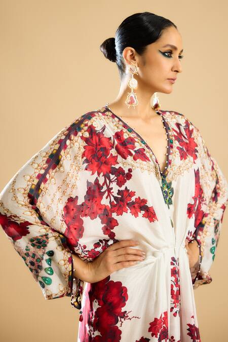 Rajdeep Ranawat_Ivory Silk Crystals, Mirrors, Pearls V-neck Fleur Print And Embellished Kaftan _at_Aza_Fashions