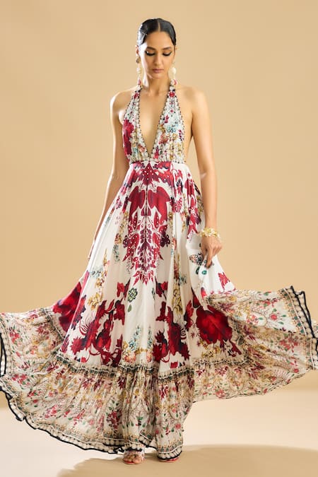 Rajdeep Ranawat Ivory Silk Print Rosa Fleur Halter Plunging V Neck Maxi Dress 