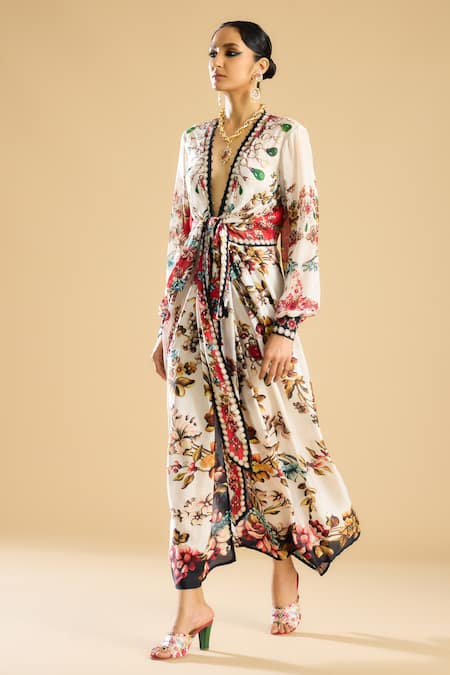 Rajdeep Ranawat Ivory Silk Print Vintage Fleur Plunging V Neck And Embellished Wrap Maxi Dress 