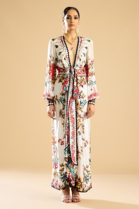 Rajdeep Ranawat_Ivory Silk Plunge Neck Vintage Fleur Print And Embellished Wrap Maxi Dress _Online_at_Aza_Fashions