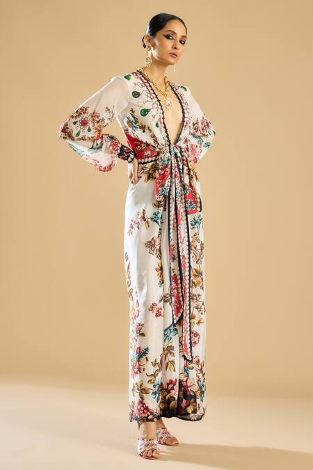 Shop_Rajdeep Ranawat_Ivory Silk Plunge Neck Vintage Fleur Print And Embellished Wrap Maxi Dress _Online_at_Aza_Fashions
