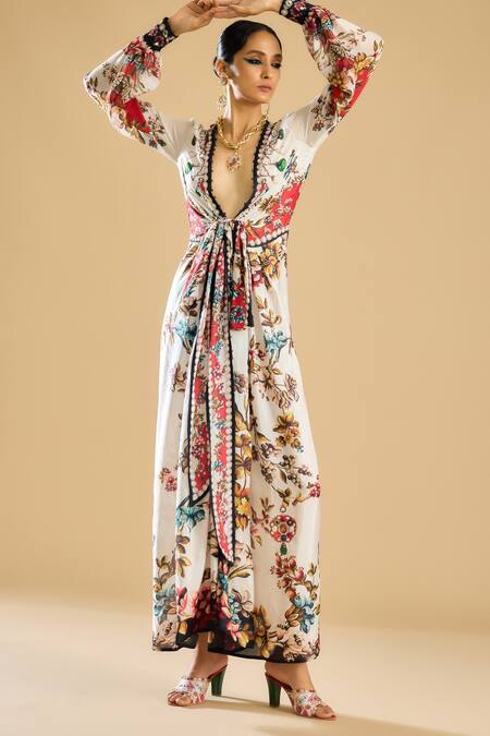 Rajdeep Ranawat_Ivory Silk Plunge Neck Vintage Fleur Print And Embellished Wrap Maxi Dress _at_Aza_Fashions