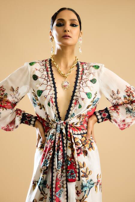 Buy_Rajdeep Ranawat_Ivory Silk Plunge Neck Vintage Fleur Print And Embellished Wrap Maxi Dress 