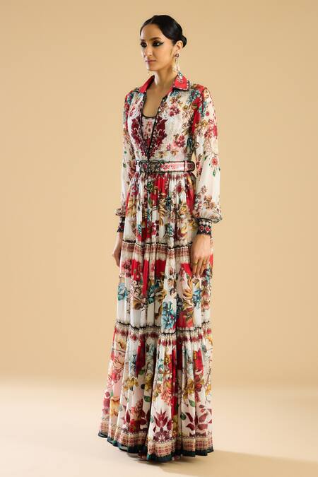 Shop_Rajdeep Ranawat_Ivory Silk Crystals Collared Vintage Bloom Print And Embellished Dress _Online_at_Aza_Fashions