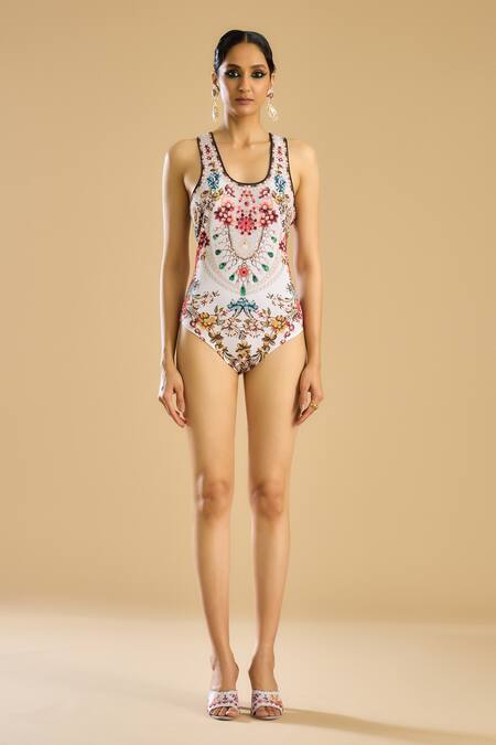 Rajdeep Ranawat_Ivory Polyester, Lycra Crystals Round Neck Ornate Bloom Print Bodysuit _Online_at_Aza_Fashions