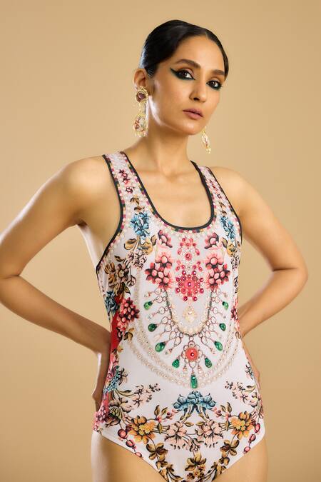 Buy_Rajdeep Ranawat_Ivory Polyester, Lycra Crystals Round Neck Ornate Bloom Print Bodysuit _Online_at_Aza_Fashions