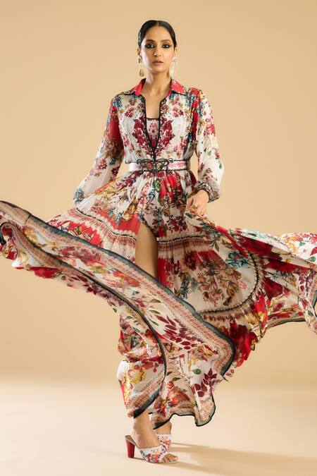 Rajdeep Ranawat_Ivory Polyester, Lycra Crystals Round Neck Ornate Bloom Print Bodysuit _at_Aza_Fashions