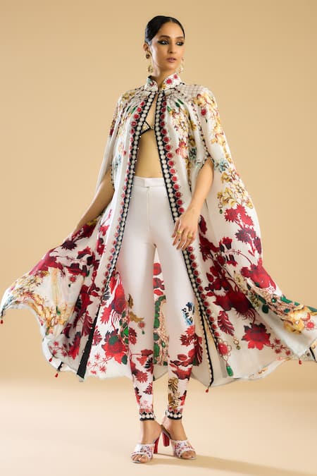 Rajdeep Ranawat French Bloom Print & Embellished Front Open Cape 