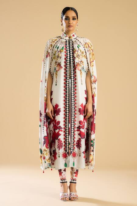 Rajdeep Ranawat_Ivory French Bloom Print And Embellished Front Open Cape _Online_at_Aza_Fashions