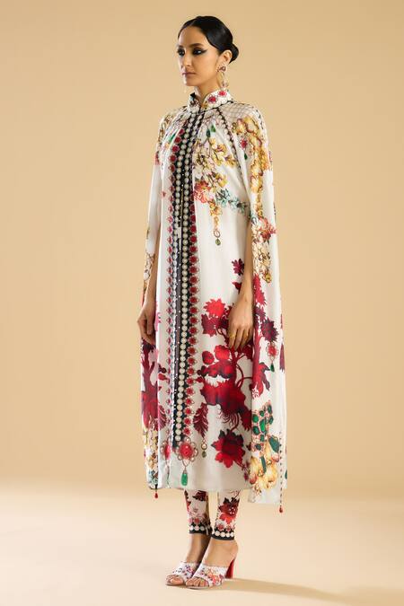 Buy_Rajdeep Ranawat_Ivory French Bloom Print And Embellished Front Open Cape _Online_at_Aza_Fashions