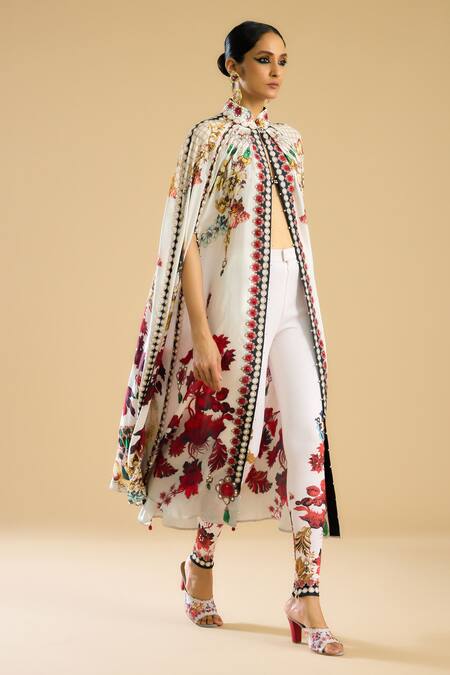 Shop_Rajdeep Ranawat_Ivory French Bloom Print And Embellished Front Open Cape _Online_at_Aza_Fashions