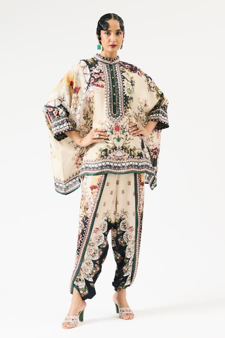 Rajdeep Ranawat Beige Silk Embroidery Bandeau Neck Chanel Printed Kaftan Tunic Online at Aza Fashions Rajdeep Ranawat_Beige Silk Embroidery Bandeau Neck Chanel Printed Kaftan Tunic _Online_at_Aza_Fashions