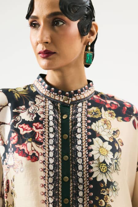 Shop Rajdeep Ranawat Beige Silk Embroidery Bandeau Neck Chanel Printed Kaftan Tunic Online at Aza Fashions Shop_Rajdeep Ranawat_Beige Silk Embroidery Bandeau Neck Chanel Printed Kaftan Tunic _Online_at_Aza_Fashions