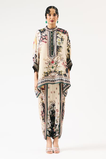 Rajdeep Ranawat Beige Silk Embroidery Bandeau Neck Chanel Printed Kaftan Tunic at Aza Fashions Rajdeep Ranawat_Beige Silk Embroidery Bandeau Neck Chanel Printed Kaftan Tunic _at_Aza_Fashions