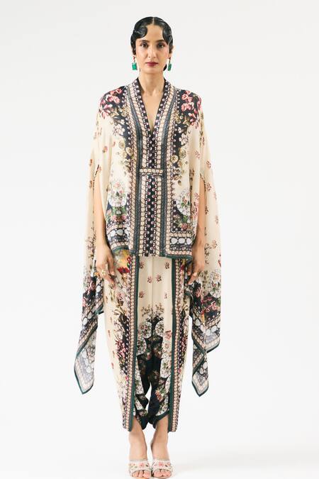 Rajdeep Ranawat_Beige Chloe Floral Print Asymmetric Cape _Online_at_Aza_Fashions