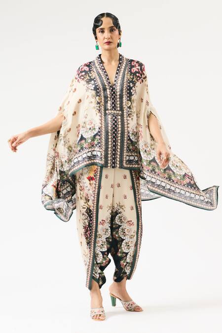 Buy_Rajdeep Ranawat_Beige Chloe Floral Print Asymmetric Cape _Online_at_Aza_Fashions
