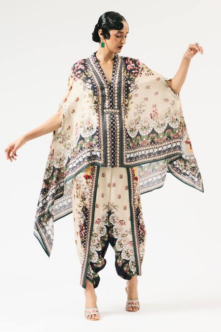 Shop_Rajdeep Ranawat_Beige Chloe Floral Print Asymmetric Cape _Online_at_Aza_Fashions