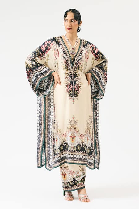 Rajdeep Ranawat Gufrina Floral Print Embroidered Neckline Kaftan 