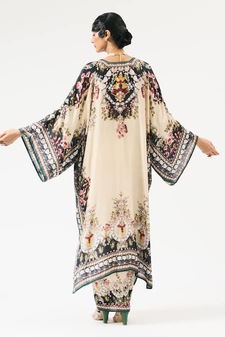 Shop Rajdeep Ranawat Beige Silk Embroidery V-neck Gufrina Floral Print Neckline Kaftan at Aza Fashions Shop_Rajdeep Ranawat_Beige Silk Embroidery V-neck Gufrina Floral Print Neckline Kaftan _at_Aza_Fashions