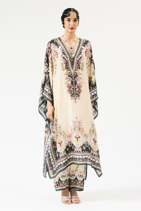 Rajdeep Ranawat Beige Silk Embroidery V-neck Gufrina Floral Print Neckline Kaftan Online at Aza Fashions Rajdeep Ranawat_Beige Silk Embroidery V-neck Gufrina Floral Print Neckline Kaftan _Online_at_Aza_Fashions