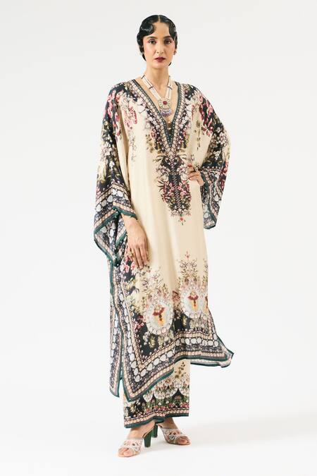 Buy Rajdeep Ranawat Beige Silk Embroidery V-neck Gufrina Floral Print Neckline Kaftan Online at Aza Fashions Buy_Rajdeep Ranawat_Beige Silk Embroidery V-neck Gufrina Floral Print Neckline Kaftan _Online_at_Aza_Fashions