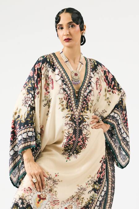Shop Rajdeep Ranawat Beige Silk Embroidery V-neck Gufrina Floral Print Neckline Kaftan Online at Aza Fashions Shop_Rajdeep Ranawat_Beige Silk Embroidery V-neck Gufrina Floral Print Neckline Kaftan _Online_at_Aza_Fashions