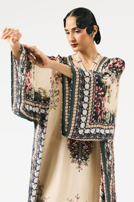 Rajdeep Ranawat Beige Silk Embroidery V-neck Gufrina Floral Print Neckline Kaftan at Aza Fashions Rajdeep Ranawat_Beige Silk Embroidery V-neck Gufrina Floral Print Neckline Kaftan _at_Aza_Fashions