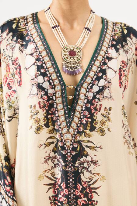 Buy Rajdeep Ranawat Beige Silk Embroidery V-neck Gufrina Floral Print Neckline Kaftan Buy_Rajdeep Ranawat_Beige Silk Embroidery V-neck Gufrina Floral Print Neckline Kaftan