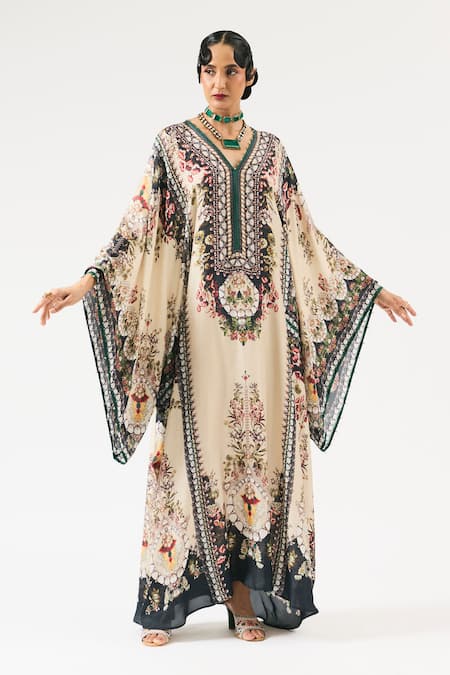 Rajdeep Ranawat Beige Silk Printed Floral V Neck Beatrice Embroidered Kaftan 