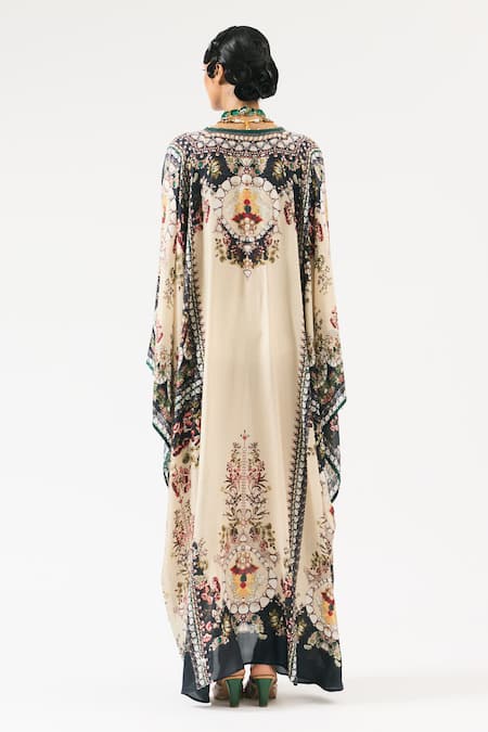 Shop Rajdeep Ranawat Beige Silk Embroidery V-neck Beatrice Floral Print Kaftan at Aza Fashions Shop_Rajdeep Ranawat_Beige Silk Embroidery V-neck Beatrice Floral Print Kaftan _at_Aza_Fashions