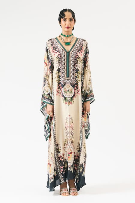 Rajdeep Ranawat Beige Silk Embroidery V-neck Beatrice Floral Print Kaftan Online at Aza Fashions Rajdeep Ranawat_Beige Silk Embroidery V-neck Beatrice Floral Print Kaftan _Online_at_Aza_Fashions