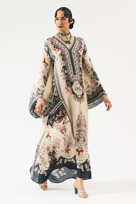 Buy Rajdeep Ranawat Beige Silk Embroidery V-neck Beatrice Floral Print Kaftan Online at Aza Fashions Buy_Rajdeep Ranawat_Beige Silk Embroidery V-neck Beatrice Floral Print Kaftan _Online_at_Aza_Fashions