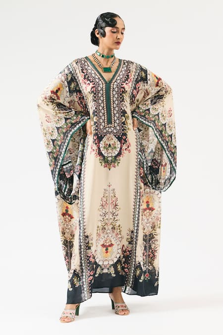 Shop Rajdeep Ranawat Beige Silk Embroidery V-neck Beatrice Floral Print Kaftan Online at Aza Fashions Shop_Rajdeep Ranawat_Beige Silk Embroidery V-neck Beatrice Floral Print Kaftan _Online_at_Aza_Fashions