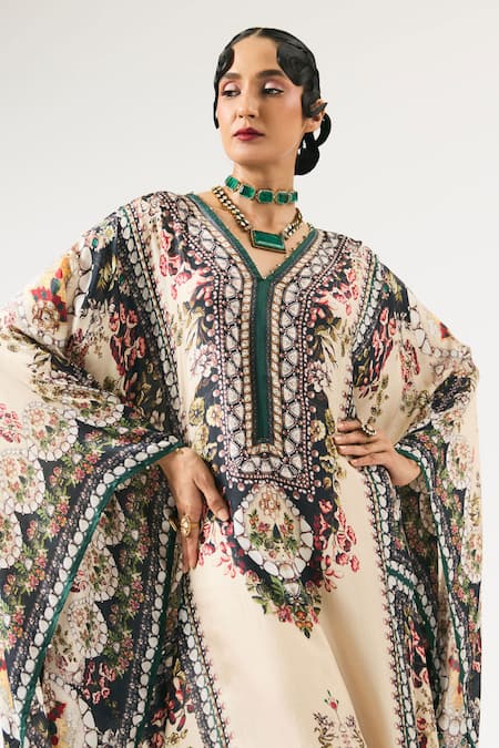Rajdeep Ranawat Beige Silk Embroidery V-neck Beatrice Floral Print Kaftan at Aza Fashions Rajdeep Ranawat_Beige Silk Embroidery V-neck Beatrice Floral Print Kaftan _at_Aza_Fashions