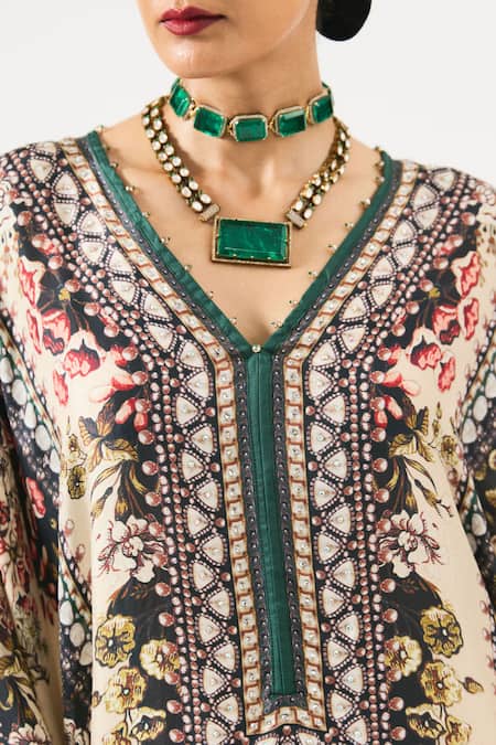 Shop Rajdeep Ranawat Beige Silk Embroidery V-neck Beatrice Floral Print Kaftan Shop_Rajdeep Ranawat_Beige Silk Embroidery V-neck Beatrice Floral Print Kaftan