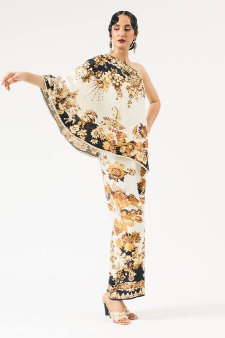 Shop Rajdeep Ranawat Ivory Silk Embroidery One Shoulder Azam Printed Top Online at Aza Fashions Shop_Rajdeep Ranawat_Ivory Silk Embroidery One Shoulder Azam Printed Top _Online_at_Aza_Fashions