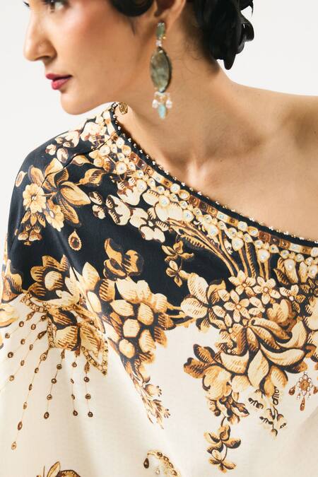 Shop Rajdeep Ranawat Ivory Silk Embroidery One Shoulder Azam Printed Top Shop_Rajdeep Ranawat_Ivory Silk Embroidery One Shoulder Azam Printed Top