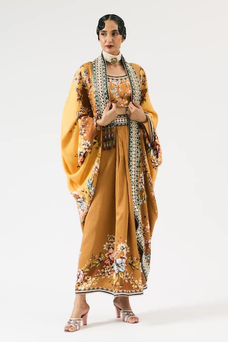 Rajdeep Ranawat Mumtaz Floral Print Embroidered Cape 