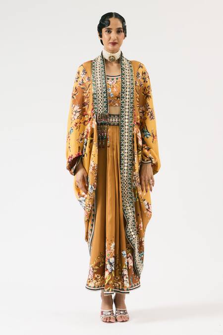 Rajdeep Ranawat_Yellow Mumtaz Floral Print Embroidered Cape _Online_at_Aza_Fashions