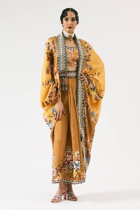 Buy_Rajdeep Ranawat_Yellow Mumtaz Floral Print Embroidered Cape _Online_at_Aza_Fashions