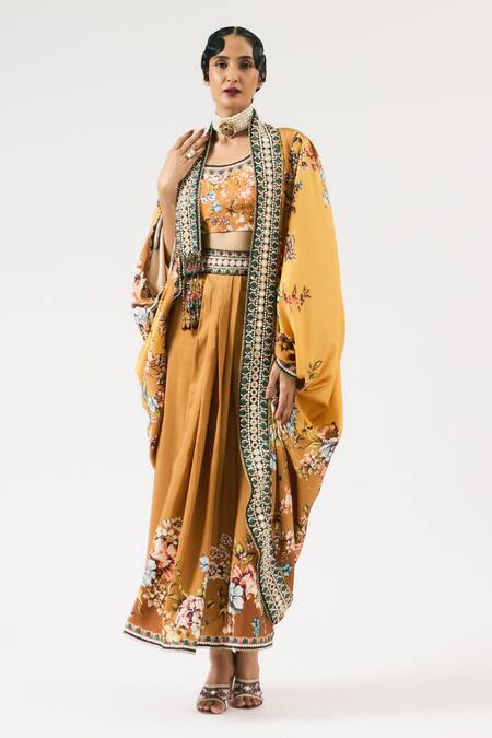 Shop_Rajdeep Ranawat_Yellow Mumtaz Floral Print Embroidered Cape _Online_at_Aza_Fashions
