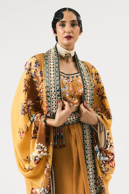 Rajdeep Ranawat_Yellow Mumtaz Floral Print Embroidered Cape _at_Aza_Fashions