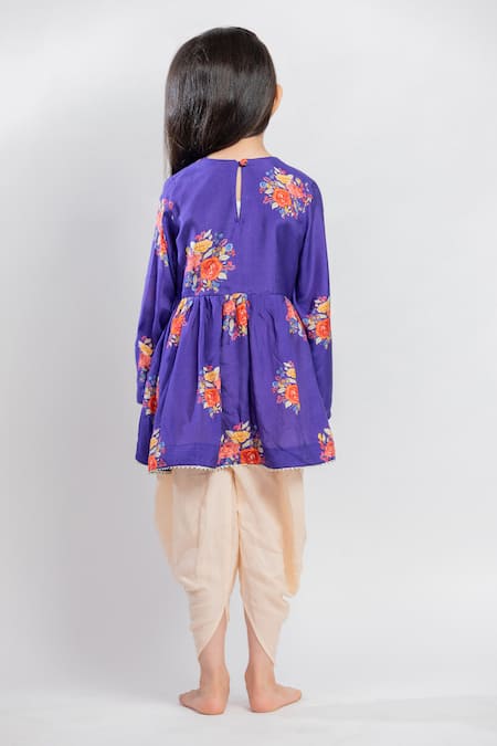 Shop MR Brat Purple Muslin, Cotton Big Floral Print Gathered Kurta And Dhoti Pant Set at Aza Fashions Shop_MR Brat_Purple Muslin, Cotton Big Floral Print Gathered Kurta And Dhoti Pant Set _at_Aza_Fashions