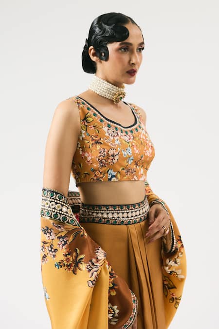 Buy Rajdeep Ranawat Yellow Lycra Embroidery Round Neck Floral Print Blouse Online at Aza Fashions Buy_Rajdeep Ranawat_Yellow Lycra Embroidery Round Neck Floral Print Blouse _Online_at_Aza_Fashions