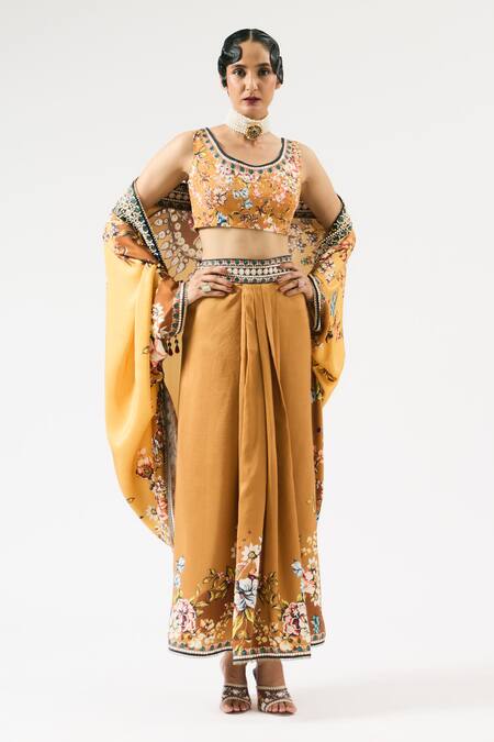 Buy_Rajdeep Ranawat_Yellow Modal Beads Sundari Printed Draped Skirt _Online_at_Aza_Fashions
