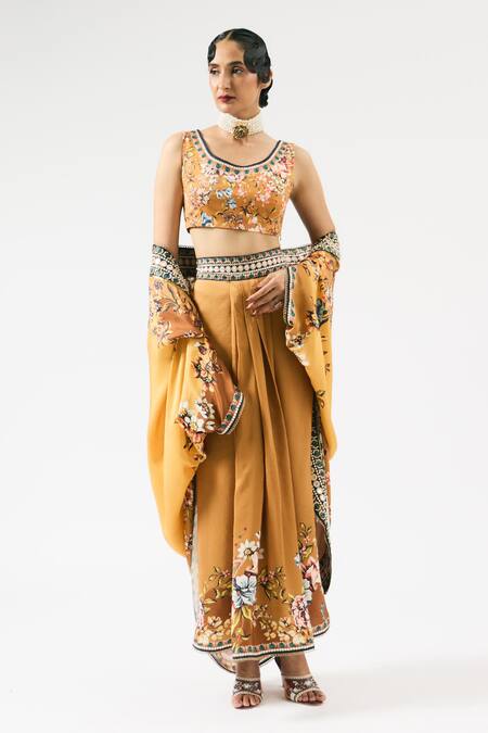 Shop_Rajdeep Ranawat_Yellow Modal Beads Sundari Printed Draped Skirt _Online_at_Aza_Fashions