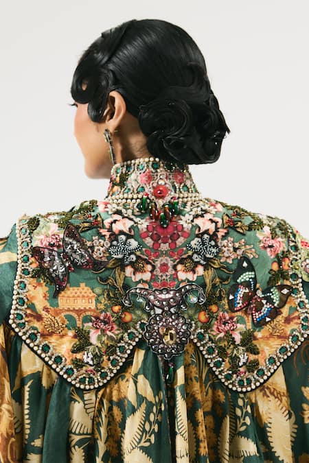 Shop_Rajdeep Ranawat_Green Silk Beads, Pearls Collared Mahirah Floral Print Embroidered Yoke Tunic _at_Aza_Fashions