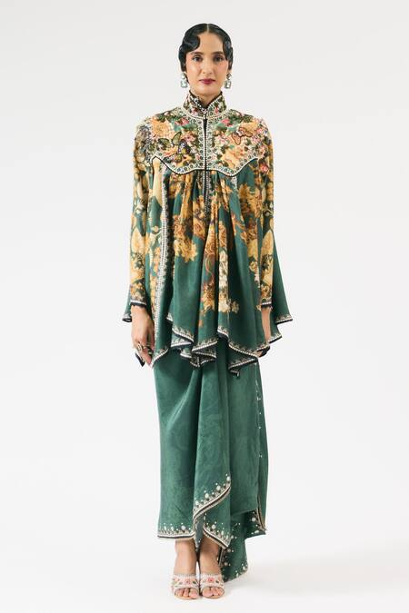 Rajdeep Ranawat_Green Silk Beads, Pearls Collared Mahirah Floral Print Embroidered Yoke Tunic _Online_at_Aza_Fashions